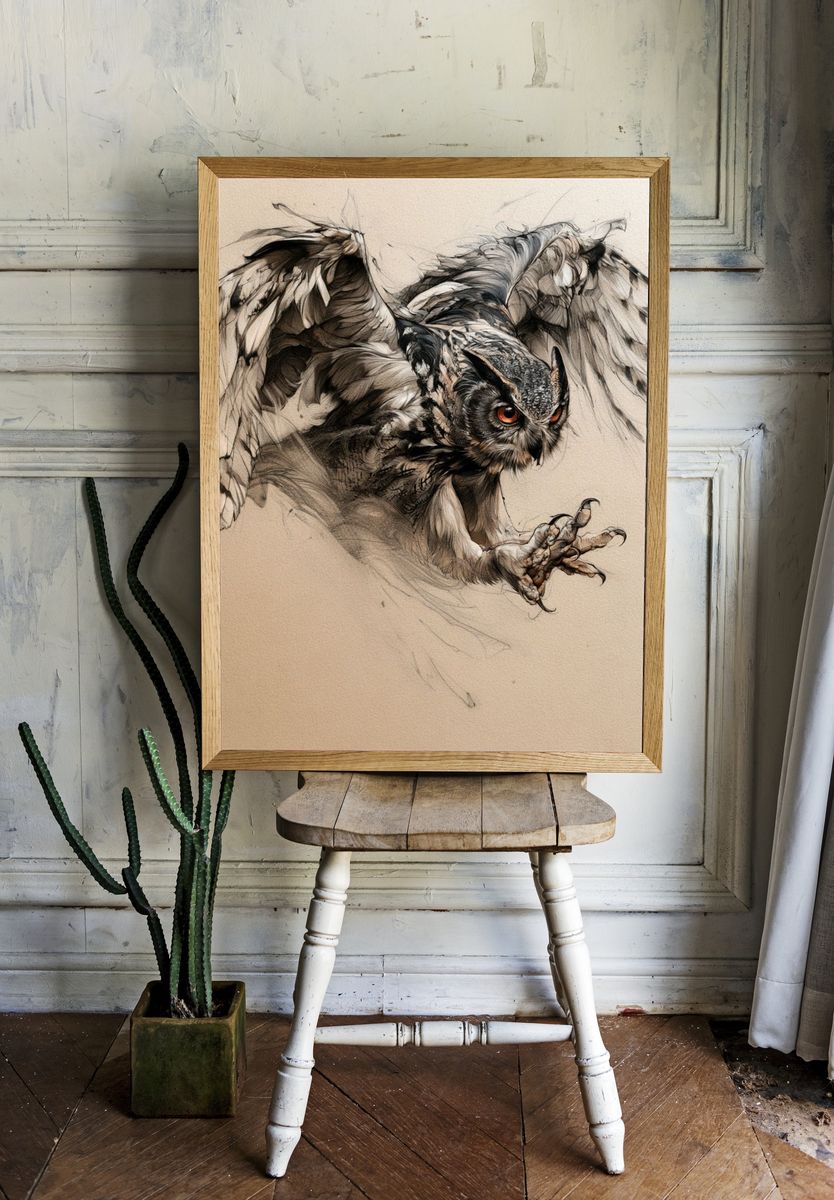 Owl in Flight Illustration Poster. room preview
