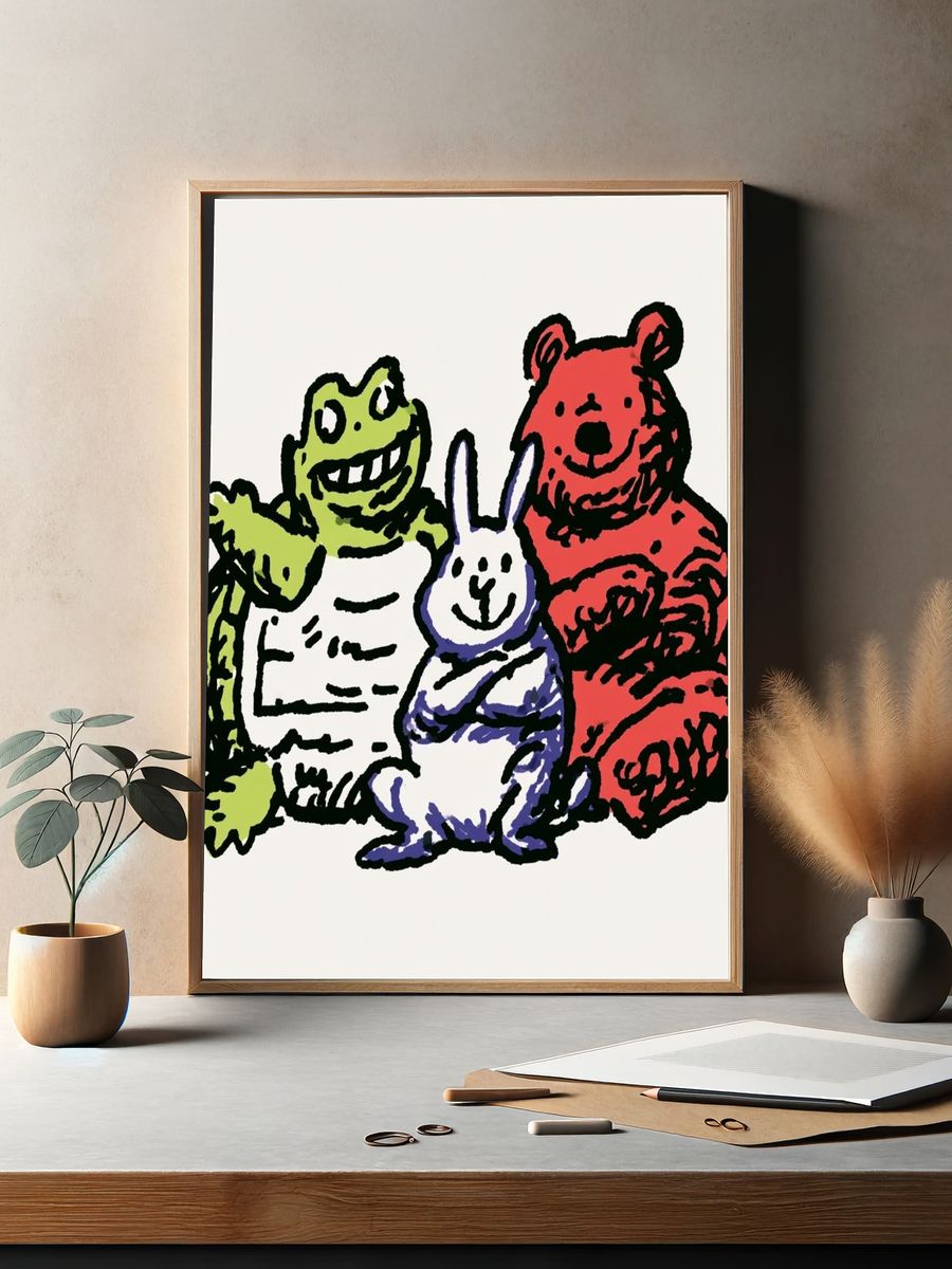 Playful Animal Trio Illustration Poster. — room view 2