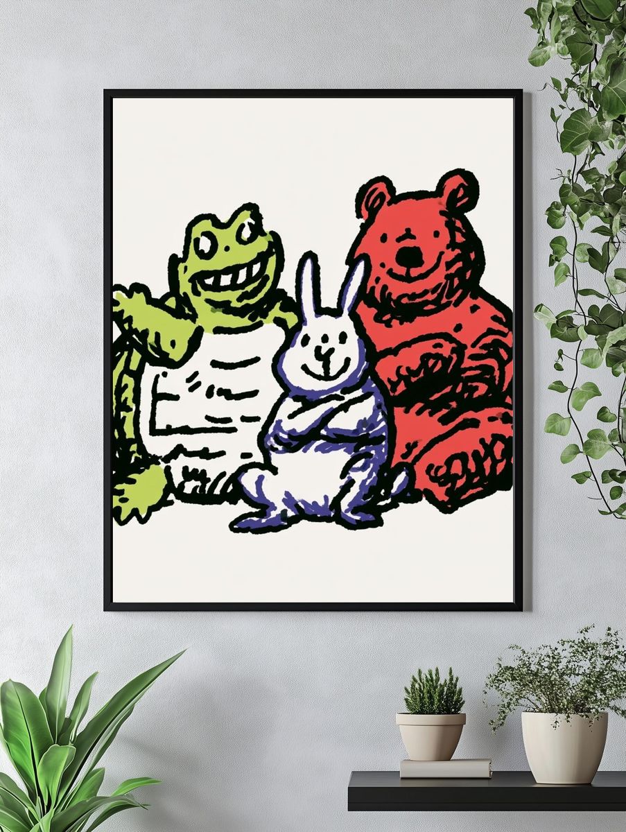 Playful Animal Trio Illustration Poster. — room view 4