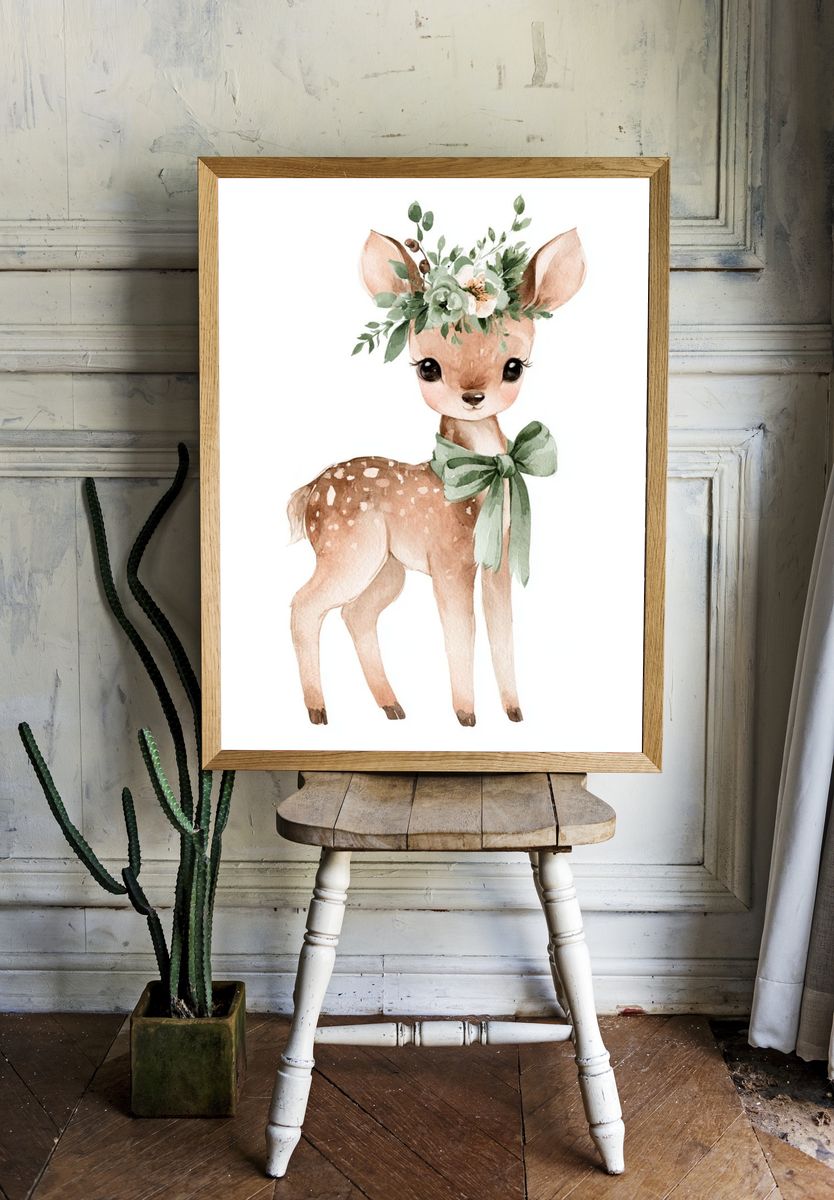 Floral Fawn Watercolor Poster. room preview