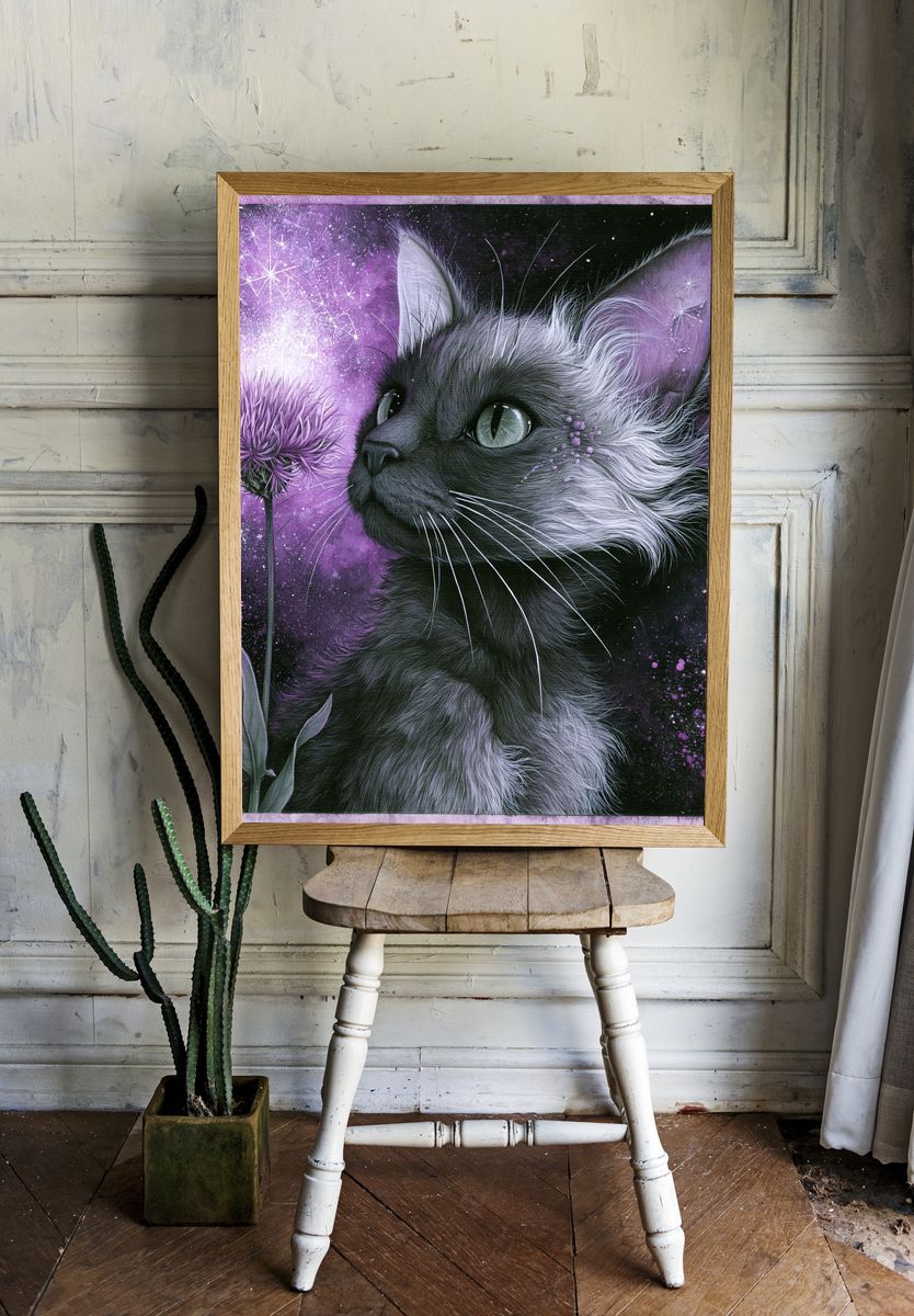 Mystic Cat and Purple Bloom Poster. room preview