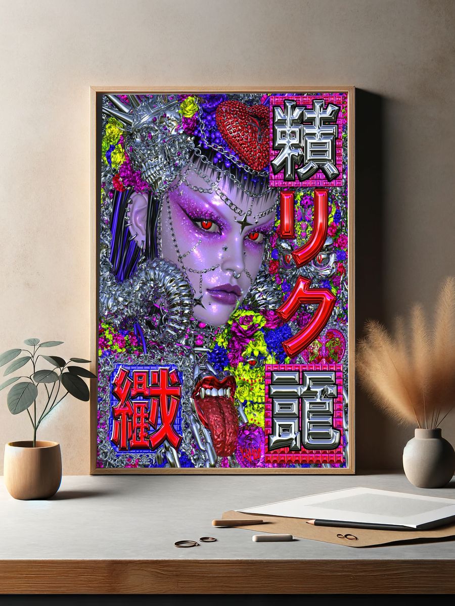 Cyberpunk Demon Girl Illustration Poster. — room view 2