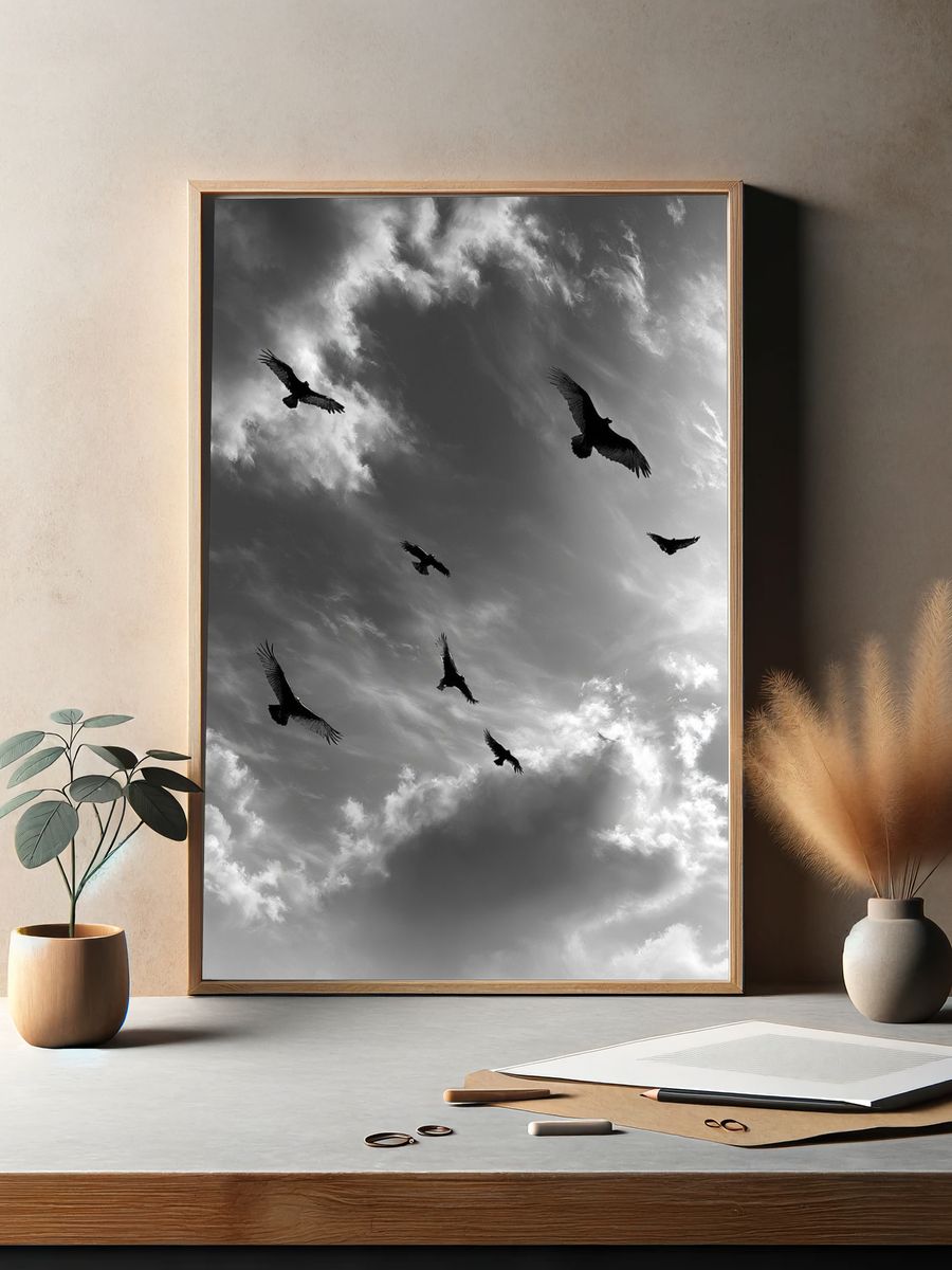 Birds in Stormy Sky Black-White Print. — room view 2