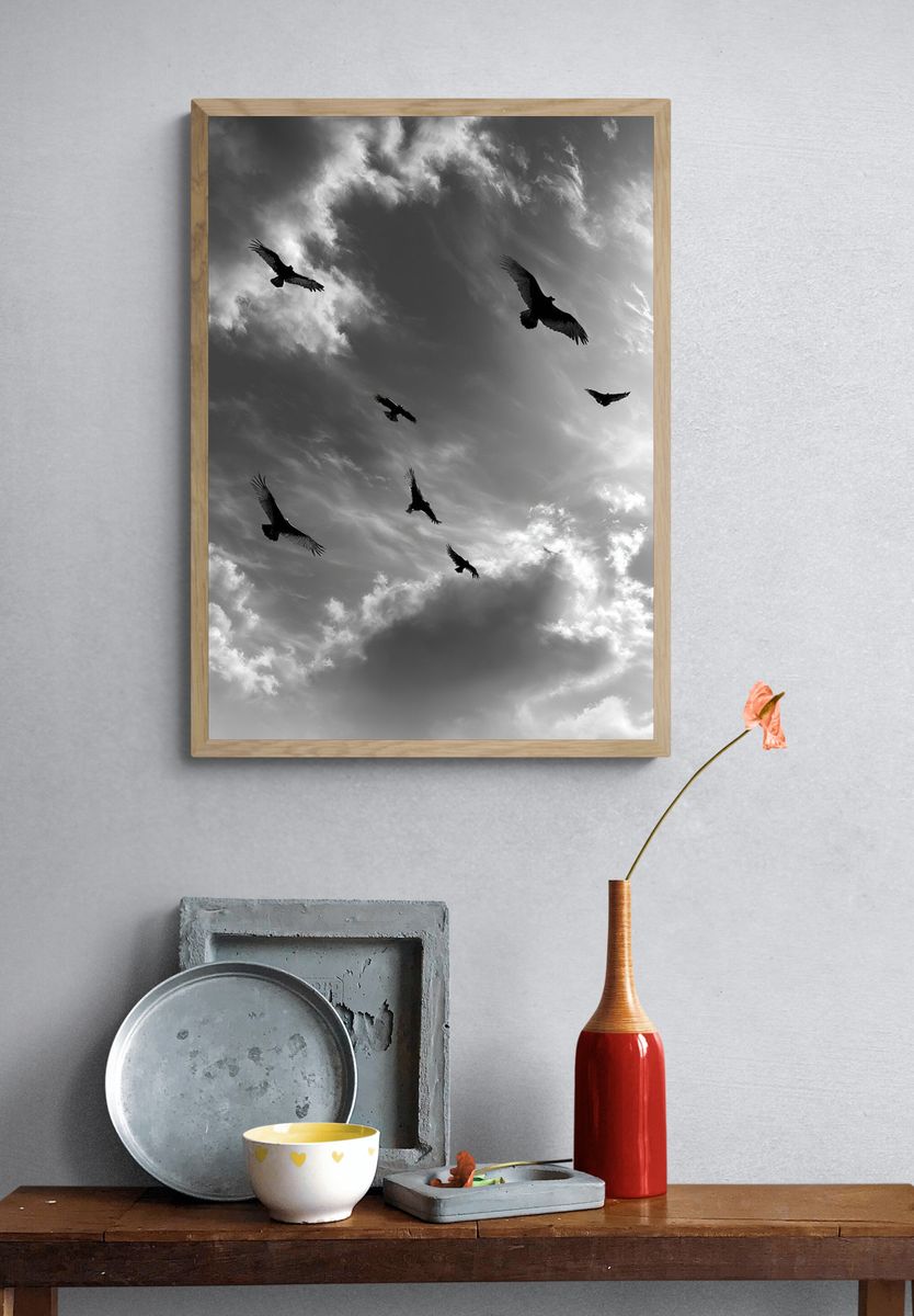 Birds in Stormy Sky Black-White Print. — room view 3