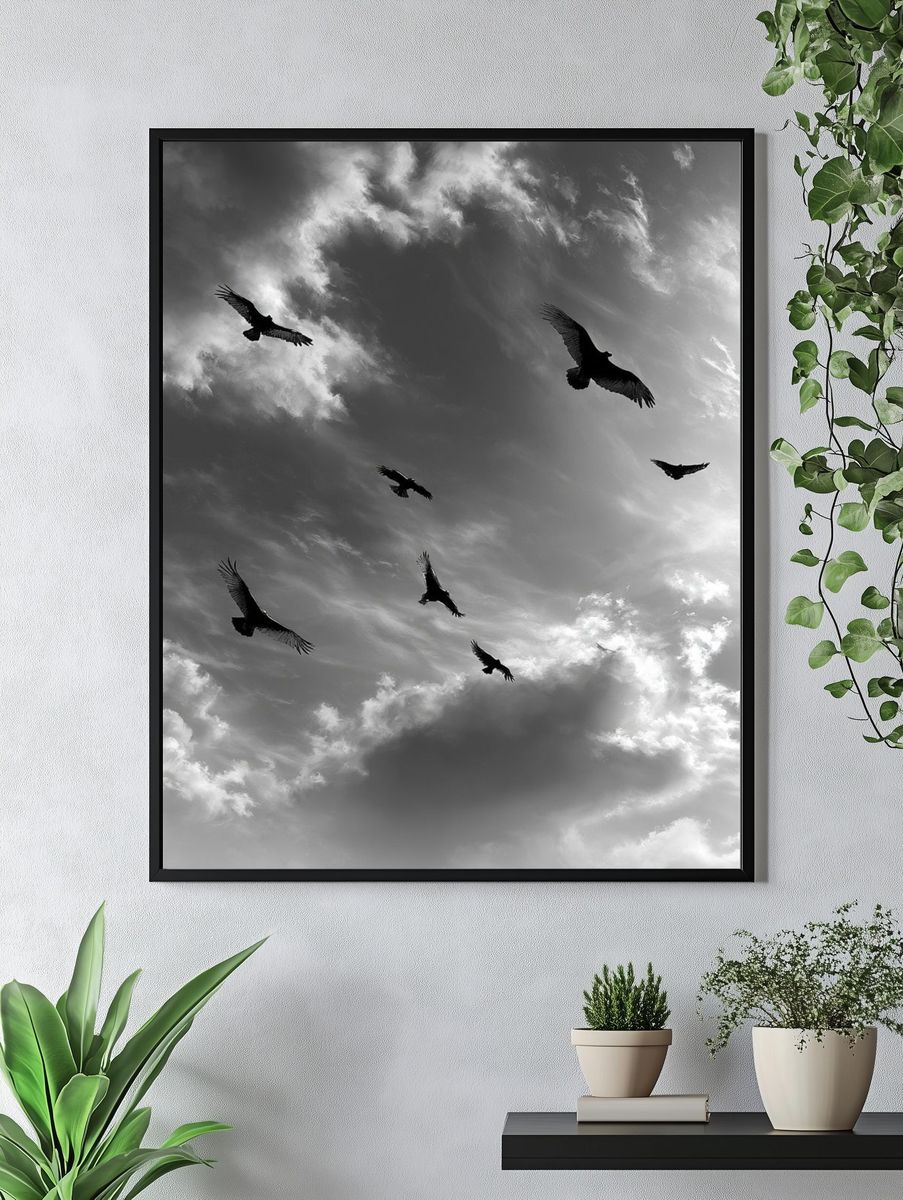 Birds in Stormy Sky Black-White Print. — room view 4