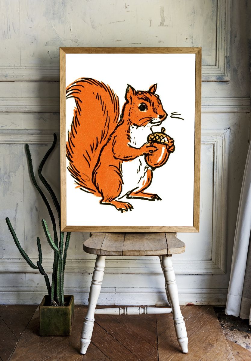 Red Squirrel with Acorn Illustration Poster. — room view 1