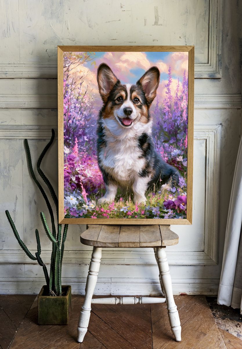 Corgi in Wildflower Meadow Illustration Poster. room preview