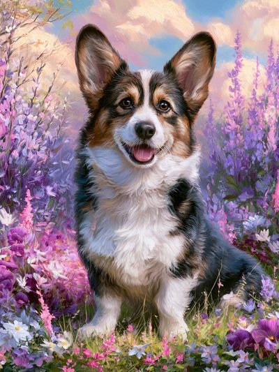 Corgi in Wildflower Meadow Illustration Poster. poster