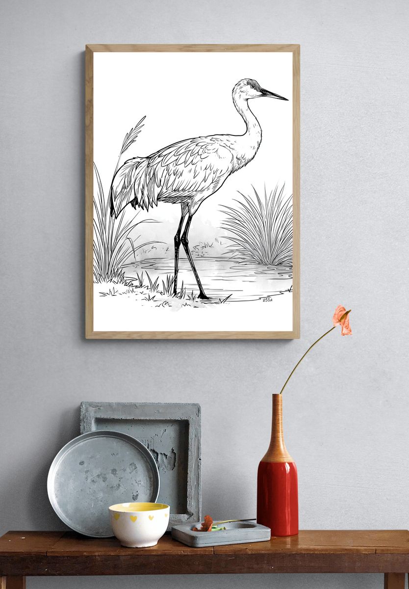 Crane Line Art Print. — room view 3