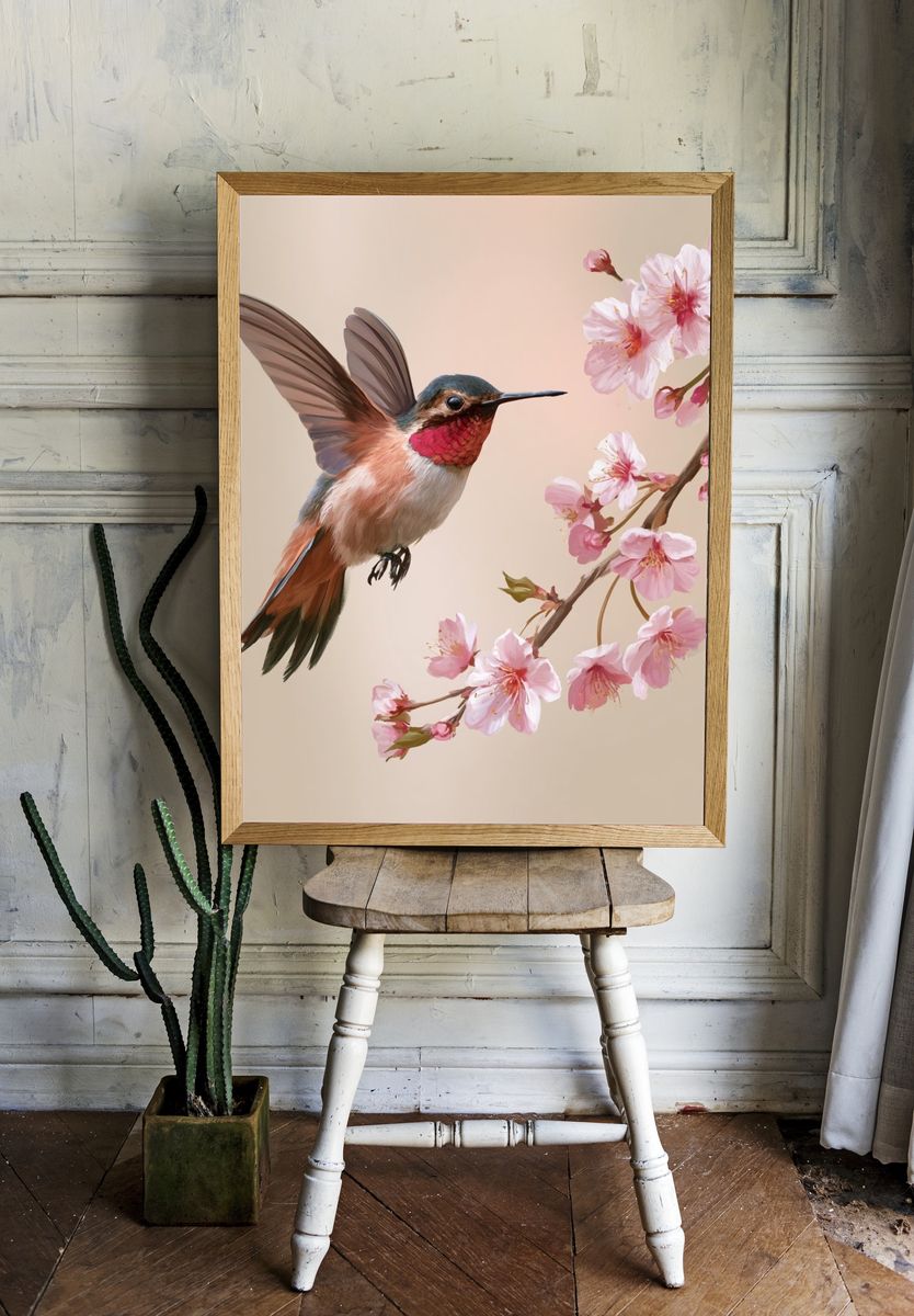 Hummingbird and Cherry Blossom Illustration Poster. room preview