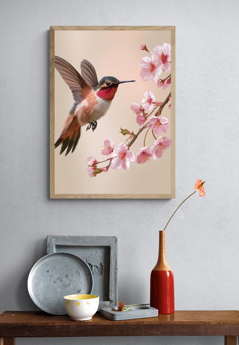 Hummingbird and Cherry Blossom Illustration Poster. — room view 3