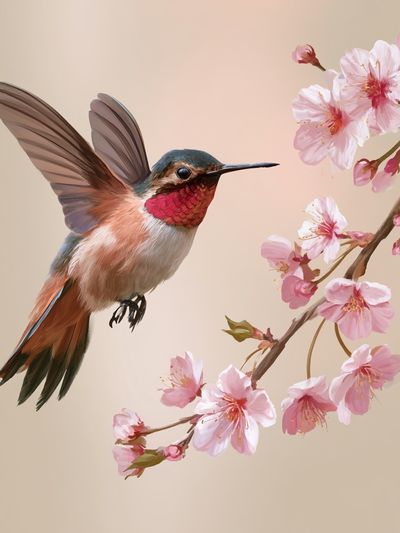 Hummingbird and Cherry Blossom Illustration Poster. poster