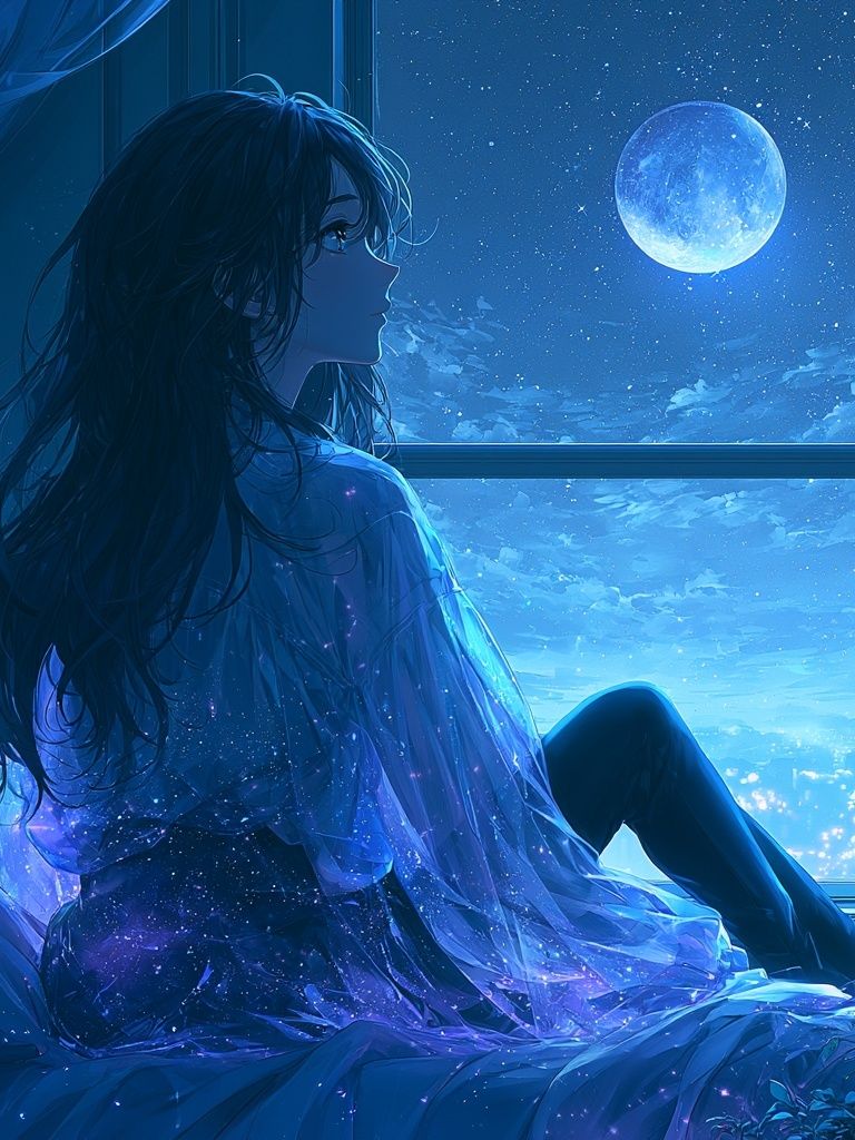 Moonlit Girl by the Window Print. poster — anime art