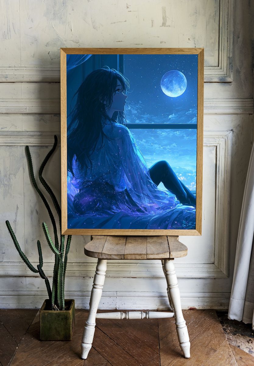 Moonlit Girl by the Window Print. room preview