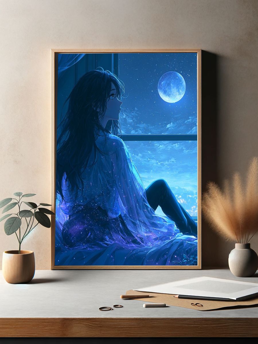 Moonlit Girl by the Window Print. — room view 2