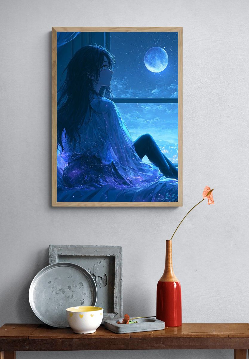 Moonlit Girl by the Window Print. — room view 3