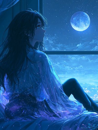 Moonlit Girl by the Window Print. poster