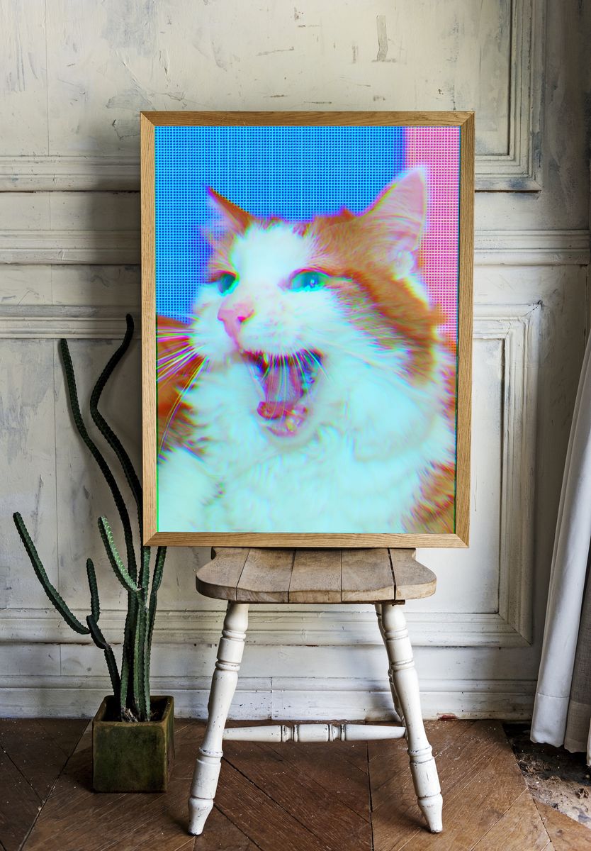 Yawning Cat Glitch Portrait Poster. room preview