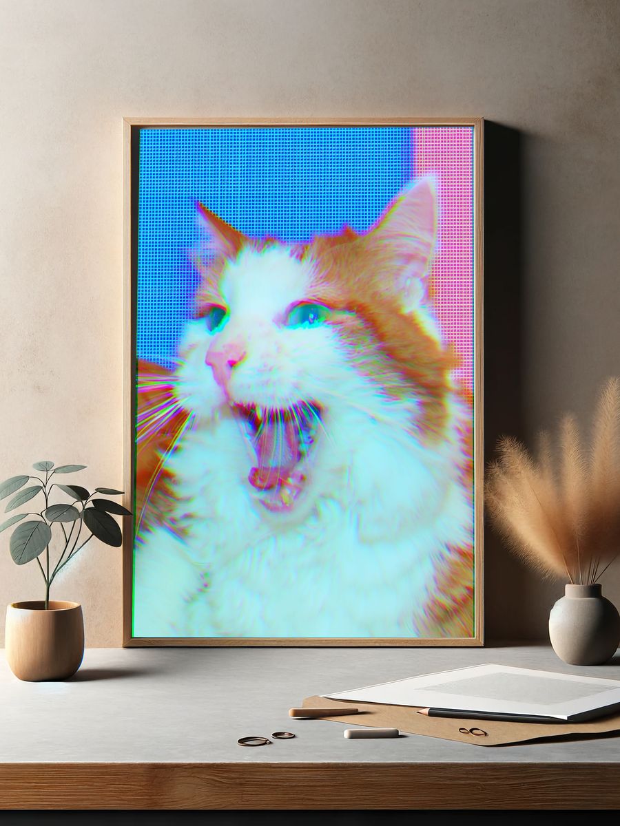 Yawning Cat Glitch Portrait Poster. — room view 2