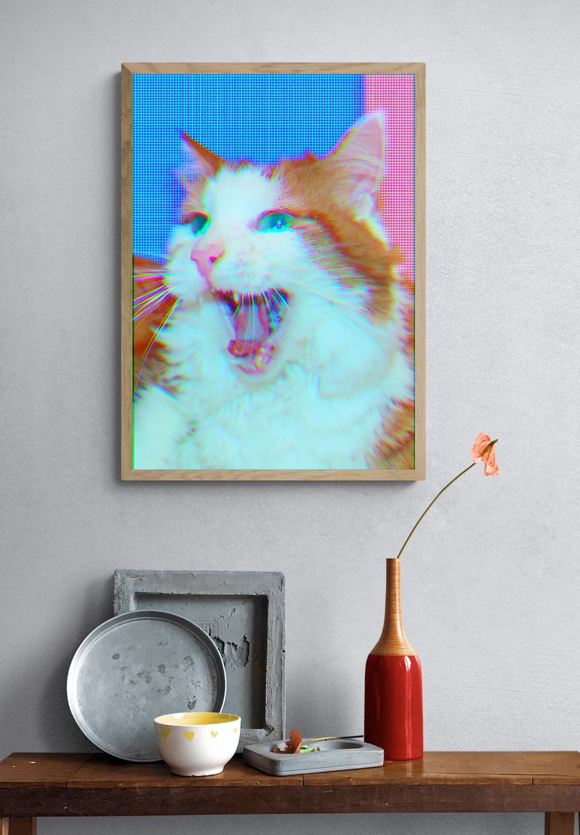 Yawning Cat Glitch Portrait Poster. — room view 3