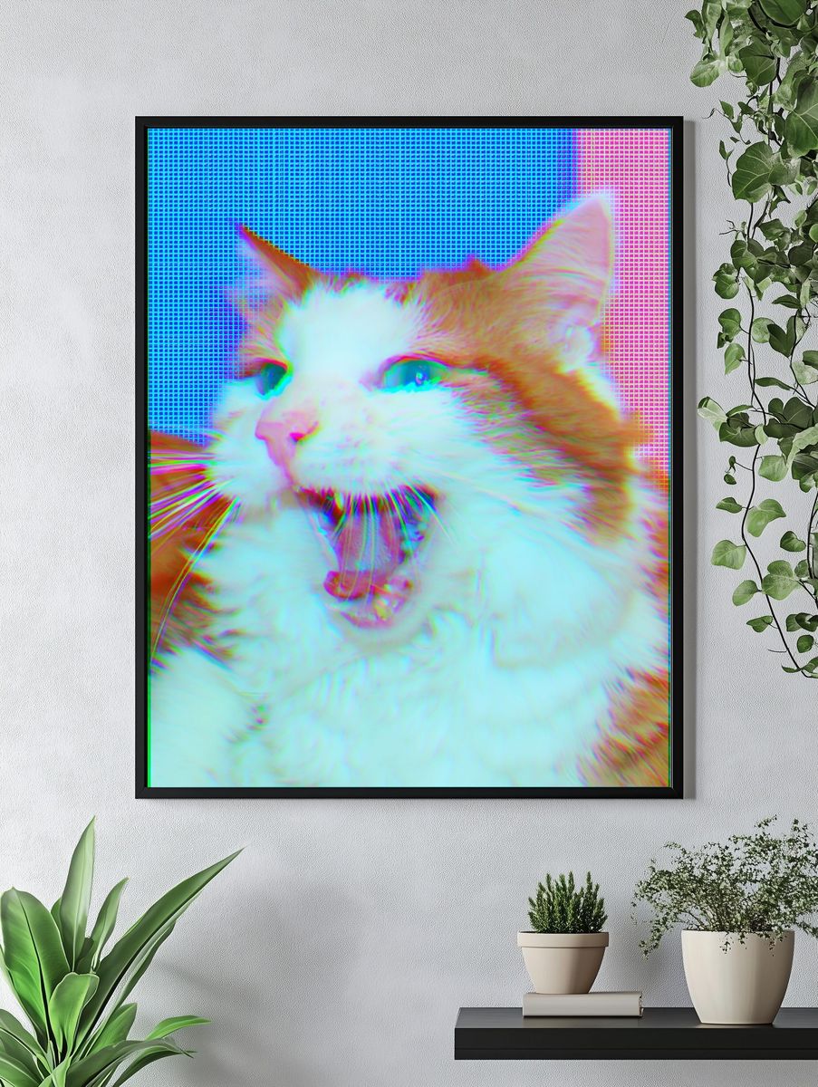 Yawning Cat Glitch Portrait Poster. — room view 4