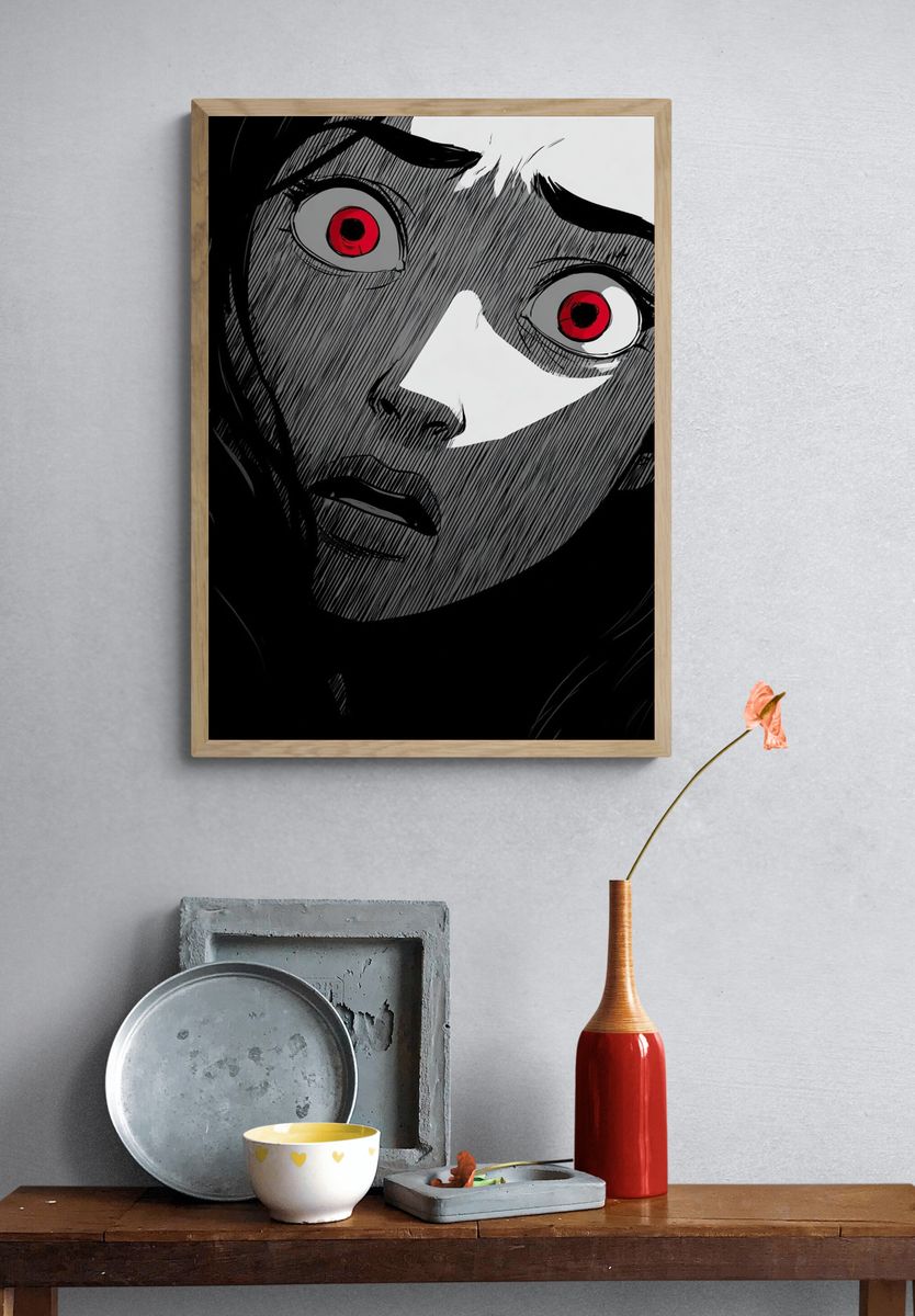 Red-Eyed Manga Portrait Print. — room view 3
