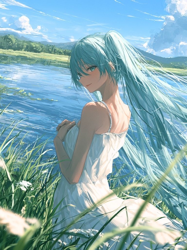 Blue-Haired Girl by the Lake Illustration Poster. poster — anime art