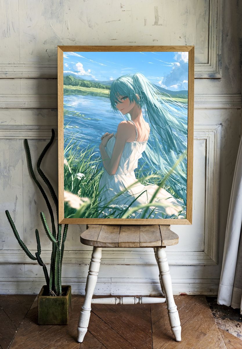 Blue-Haired Girl by the Lake Illustration Poster. room preview