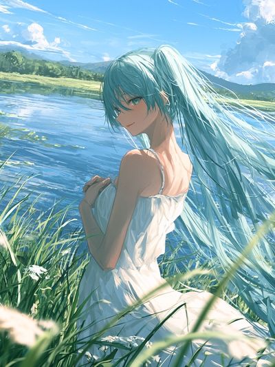 Blue-Haired Girl by the Lake Illustration Poster. poster