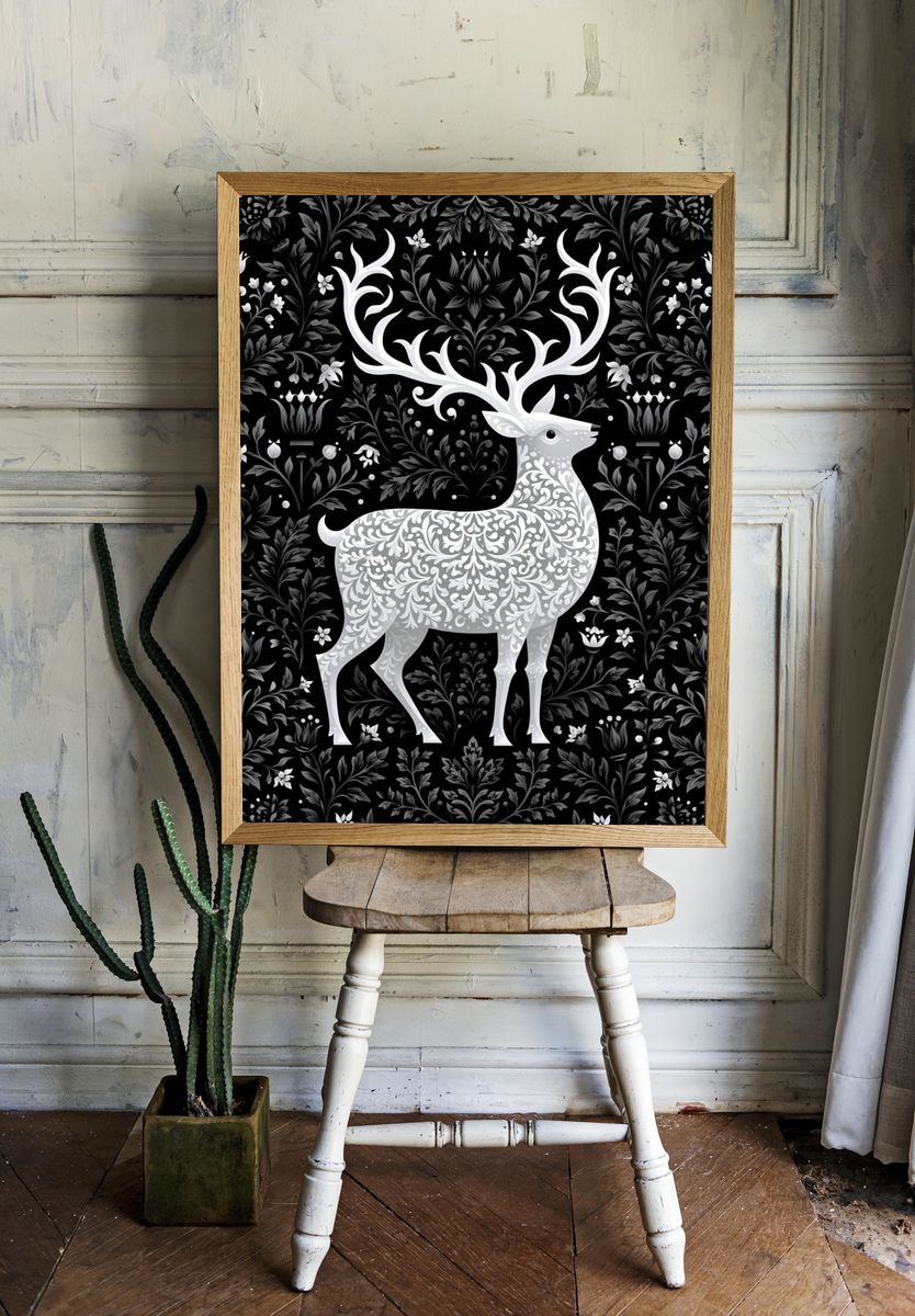 Ornate Deer Botanical Print. room preview