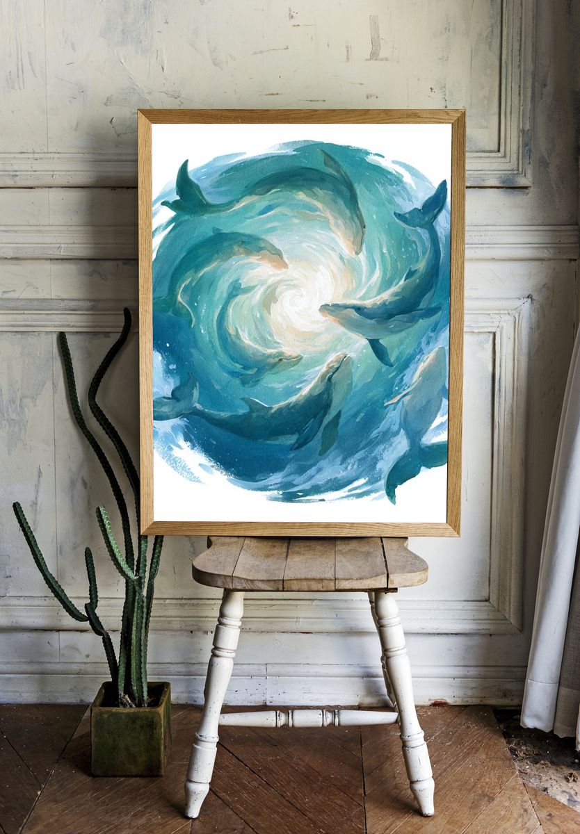 Dolphin Spiral Watercolor Poster. — room view 1