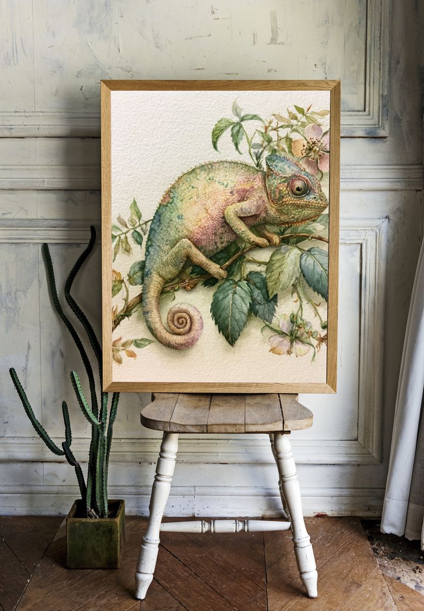 Chameleon Botanical Watercolor Poster. room preview