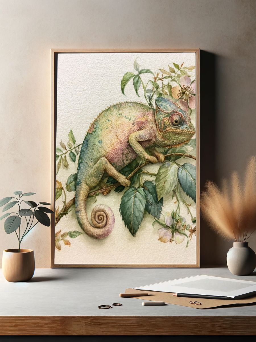 Chameleon Botanical Watercolor Poster. — room view 2