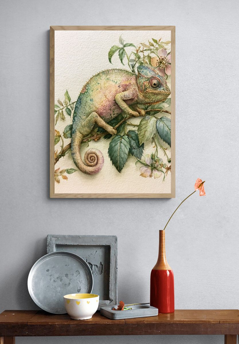 Chameleon Botanical Watercolor Poster. — room view 3