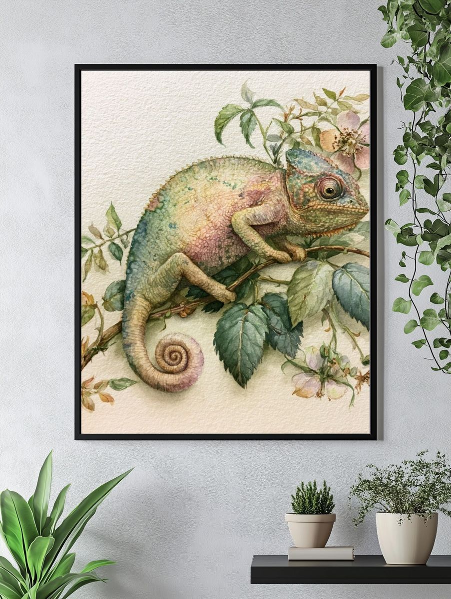 Chameleon Botanical Watercolor Poster. — room view 4