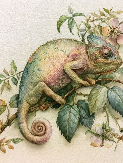 Chameleon Botanical Watercolor Poster. poster
