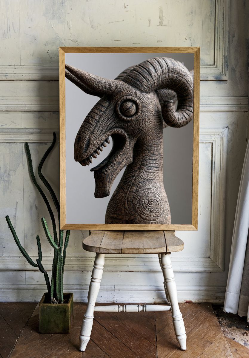 Carved Bull Head Sculpture Print. — room view 1