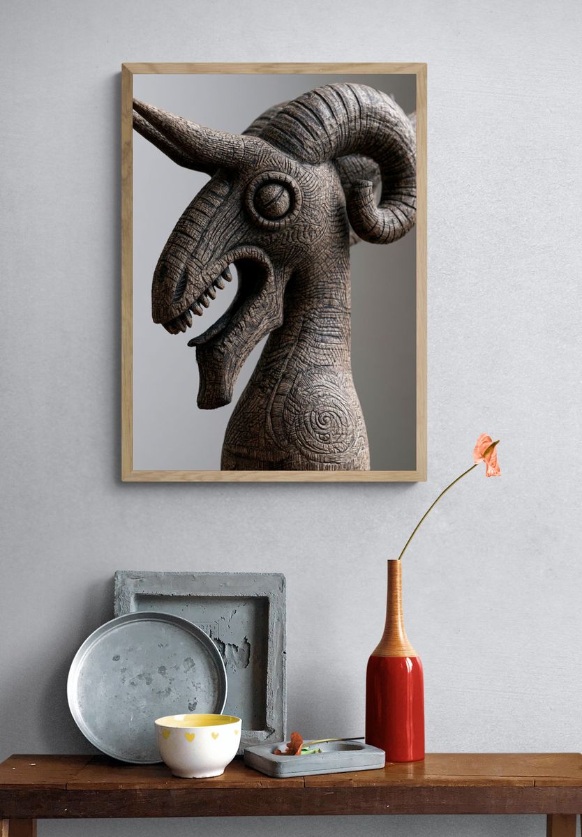 Carved Bull Head Sculpture Print. — room view 3