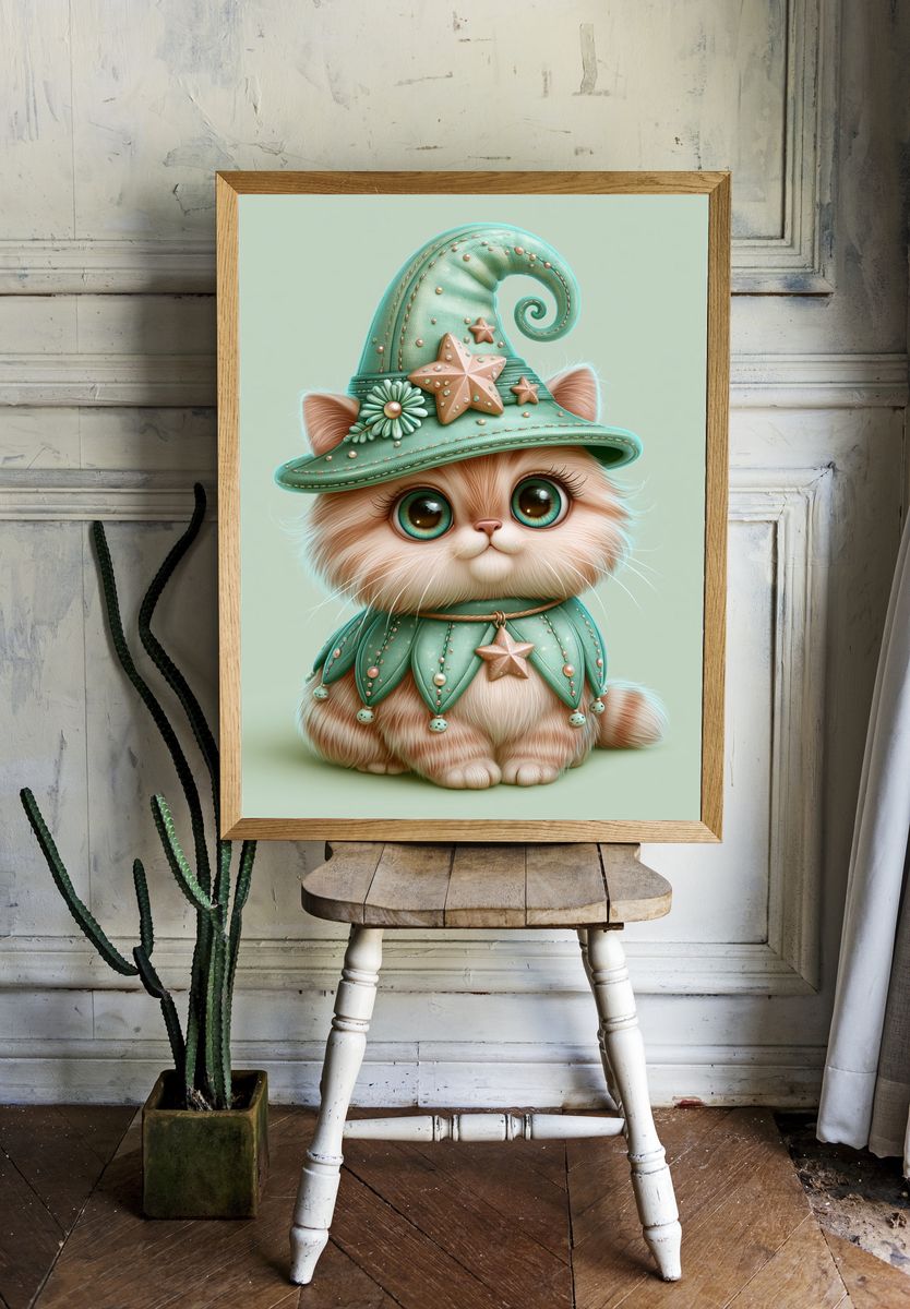 Whimsical Cat in Mint Hat Poster. room preview