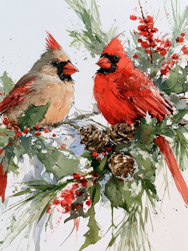 Cardinals Winter Watercolor Poster. poster detail
