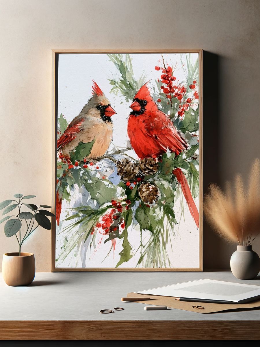 Cardinals Winter Watercolor Poster. — room view 2