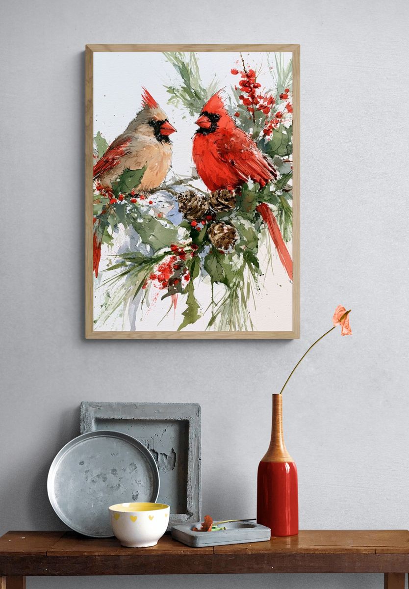 Cardinals Winter Watercolor Poster. — room view 3