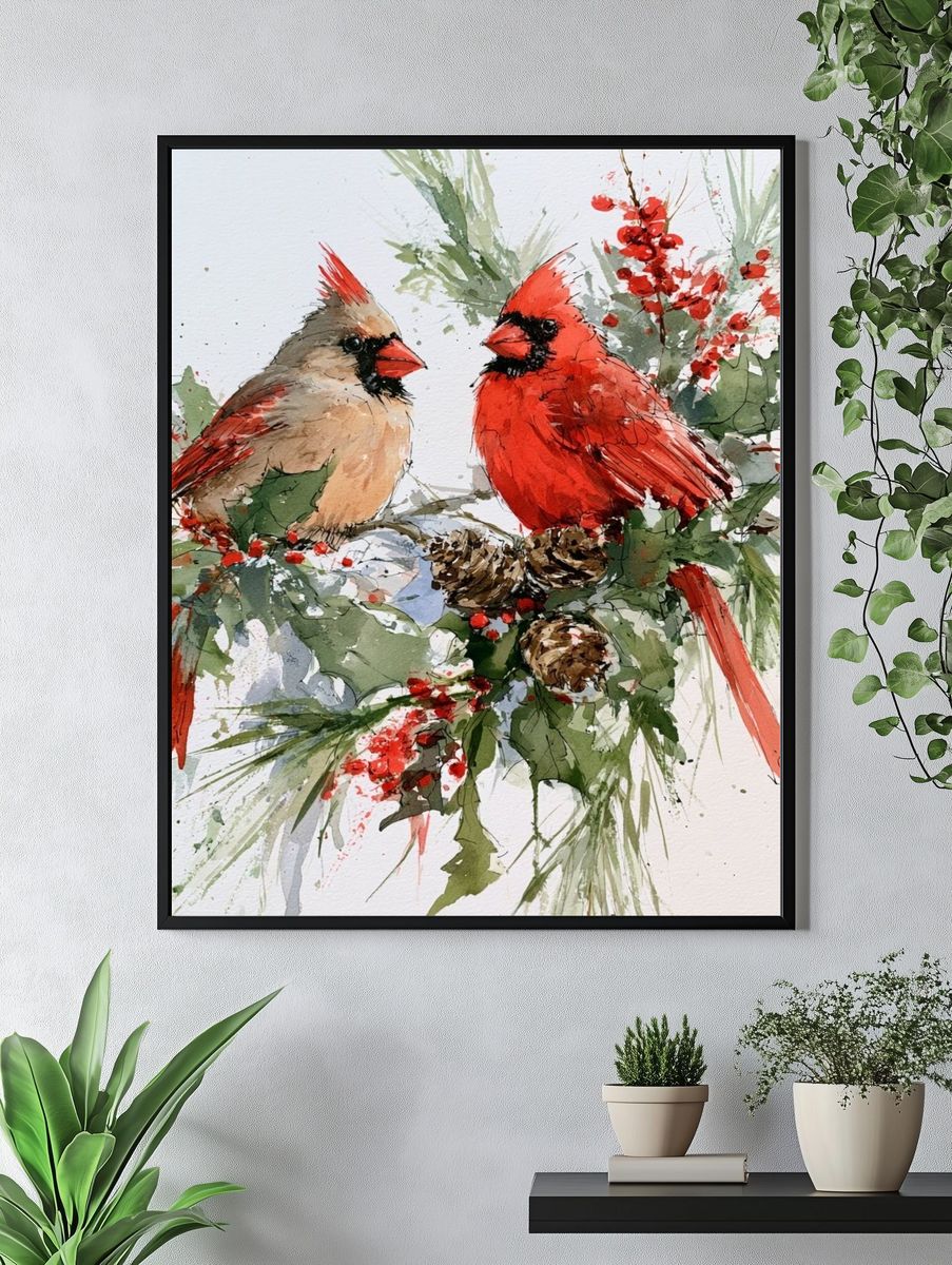 Cardinals Winter Watercolor Poster. — room view 4