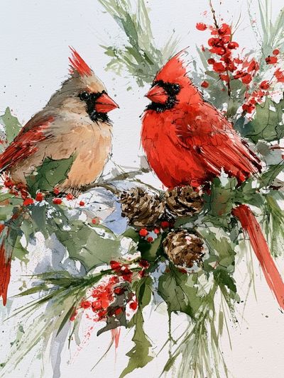 Cardinals Winter Watercolor Poster.