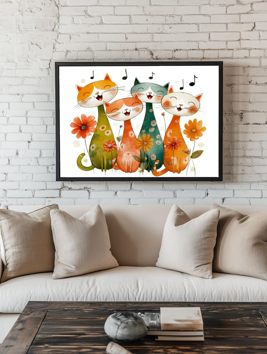 Happy Cats Watercolor Print. — room view 1