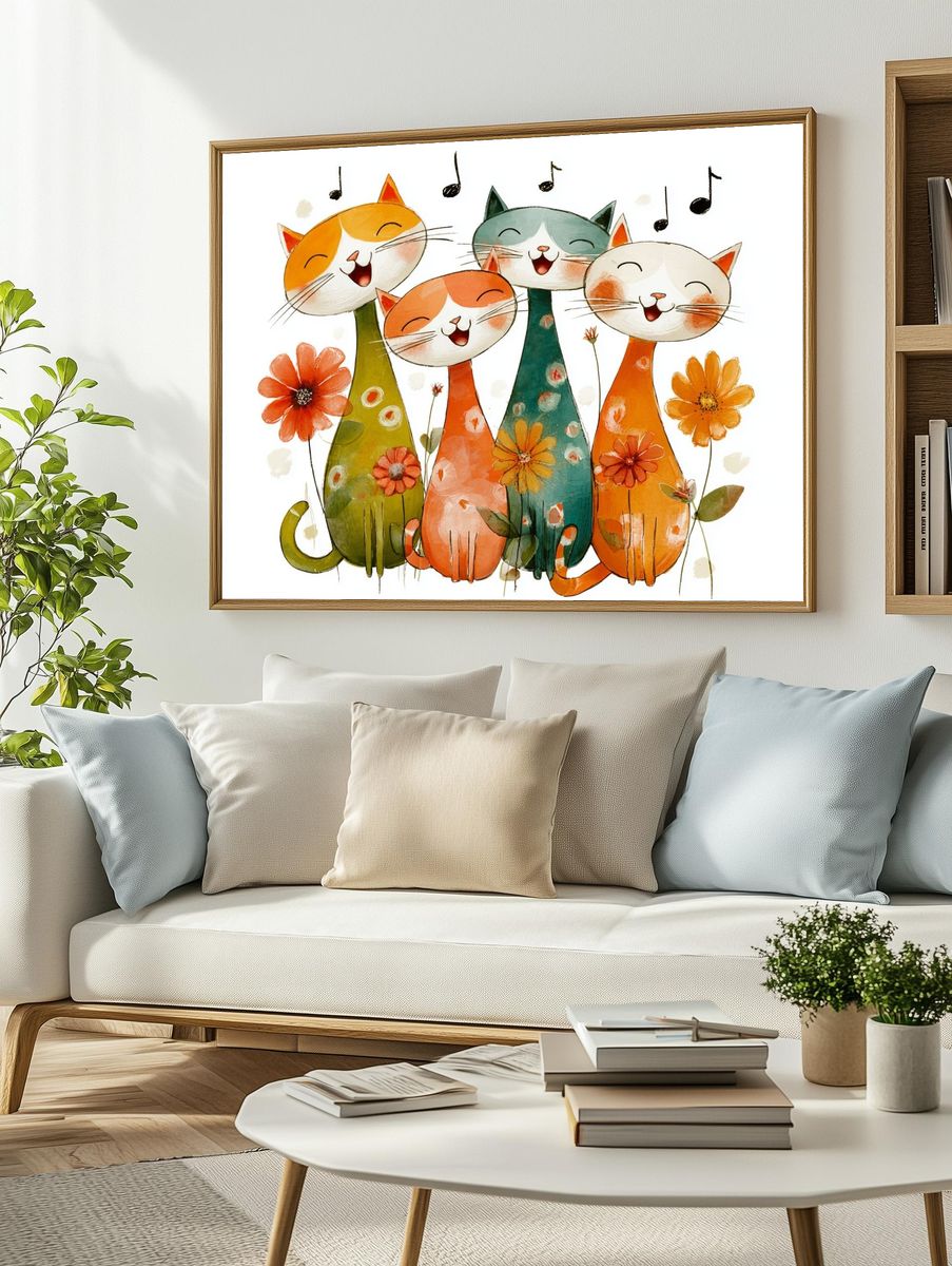 Happy Cats Watercolor Print. — room view 2