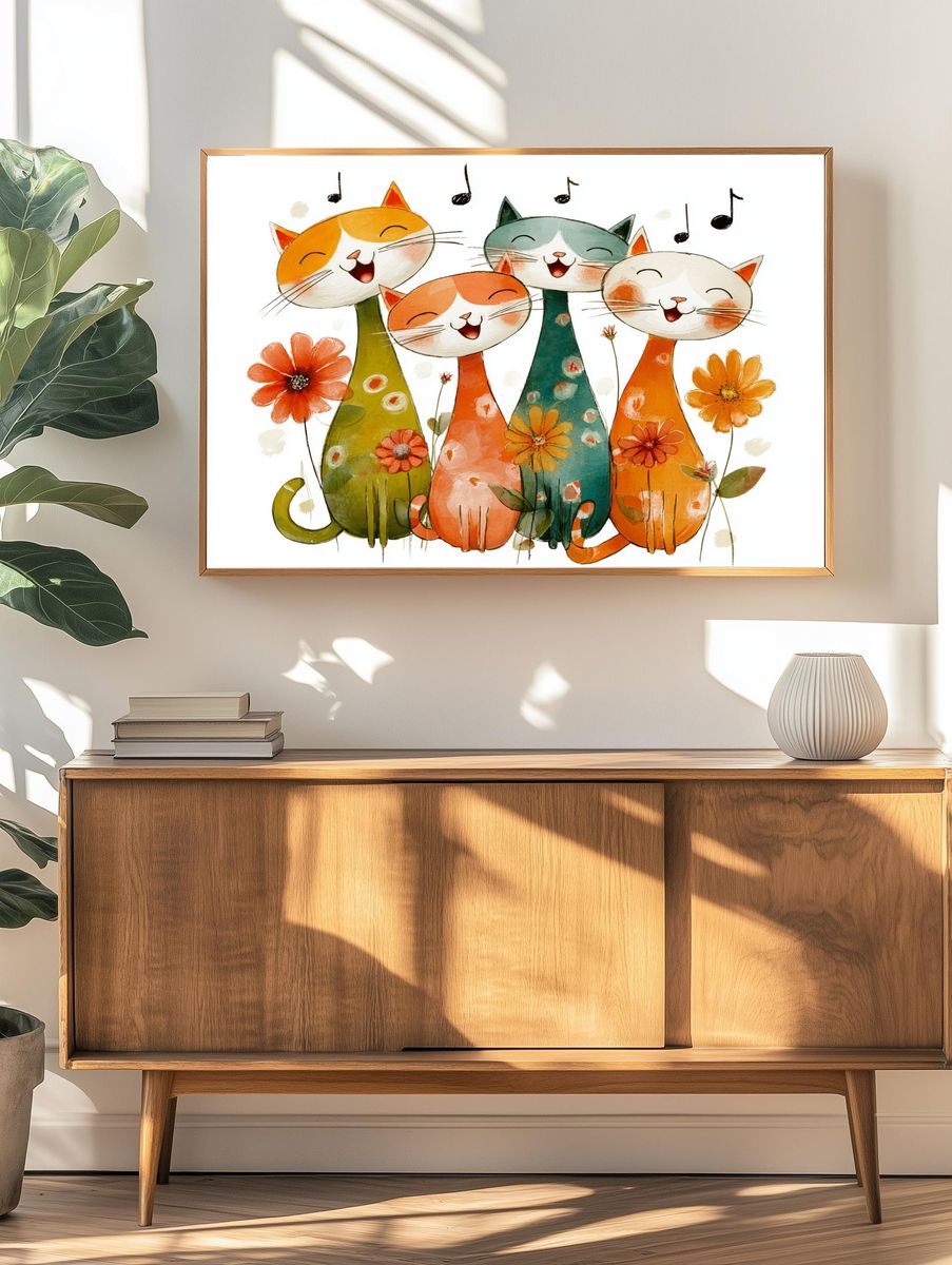 Happy Cats Watercolor Print. — room view 3