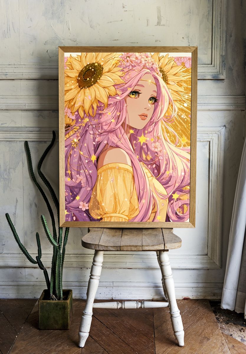 Sunflower Anime Girl Print. — room view 1