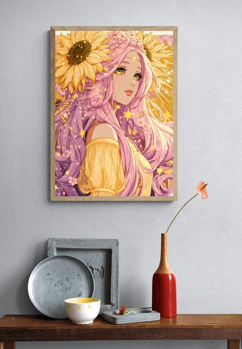 Sunflower Anime Girl Print. — room view 3