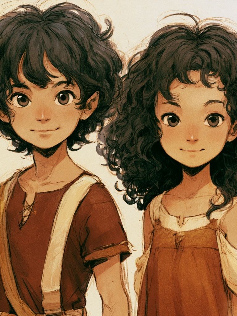 Curly-Haired Siblings Anime Print. poster detail